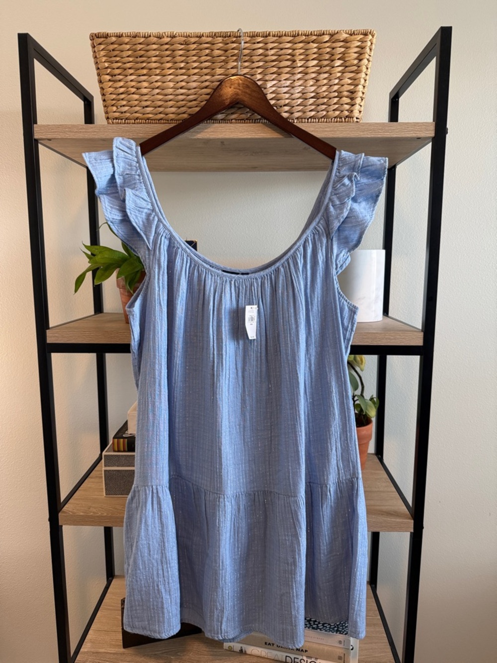 NWT Gap Gauzy Cotton Silver Ruffle Strap Knee Length Dress w/Pockets, XXL